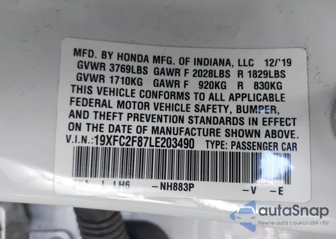 2020 Honda Civic Sport from USA, damaged, VIN 19XFC2F87LE203490